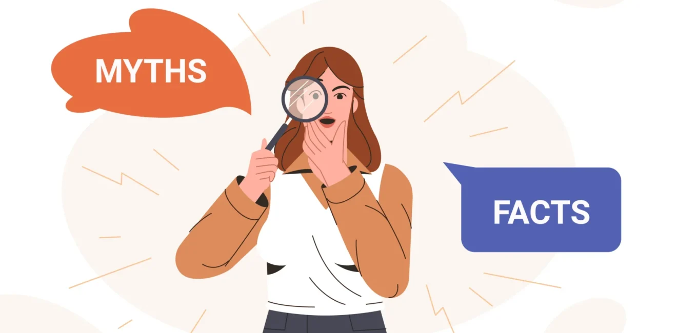 Myths and facts flat vector illustration. Amazed woman looking through magnifying glass and thinking or comparing between truth and false. Fake news versus true and honest. Concept of fact checking.